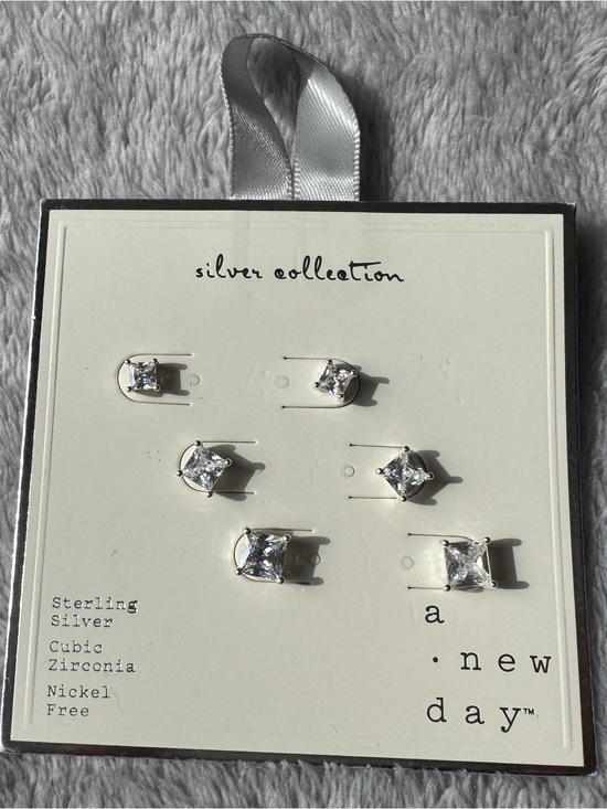 a new day Jewelry - A New Day Silver Collection 3 Pairs of Square Cut Cubic Zirconia Stud Earrings